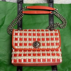 Kate Spade Coral and Cream Natalia Medium Flap Straw Wicker shoulder Bag